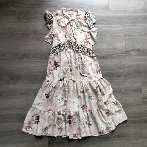 Anthropologie Kachel Dress Sedona Sunrise Tier Midi Silk Printed Pink Cheetah 2P